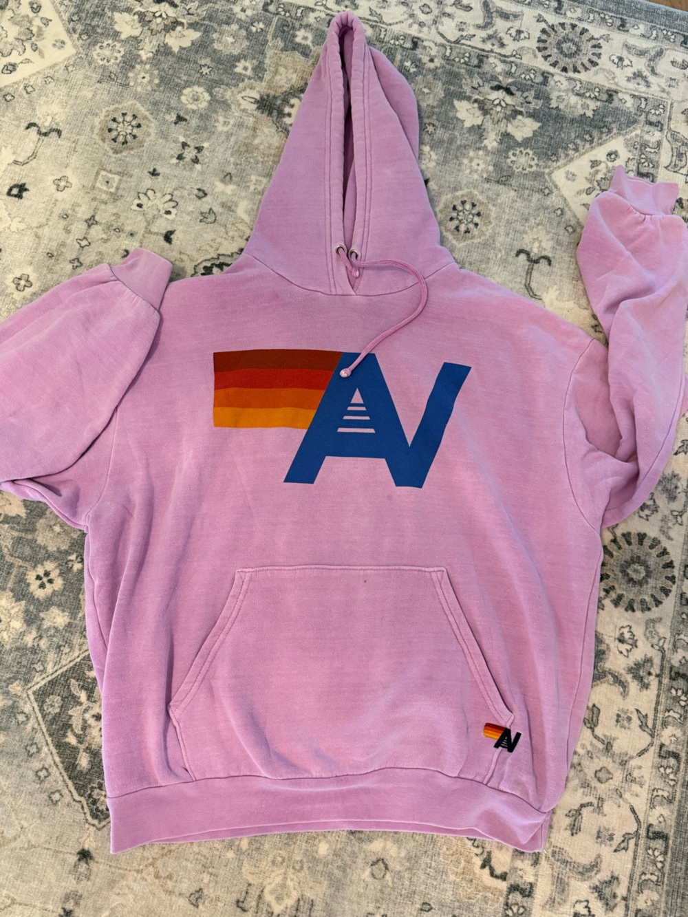 Aviator Nation Lavender Hoodie with Bold Blue Logo and Sunset Stripes